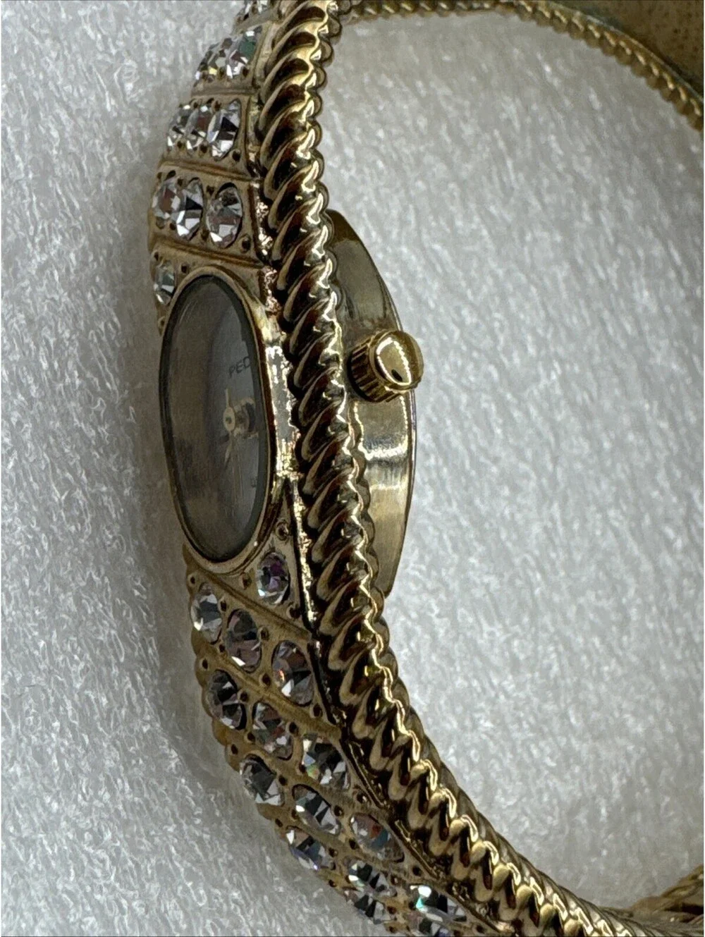 Vintage Pedre Gold Tone Bangle Watch Studded With Rhinestones New Battery W/Box